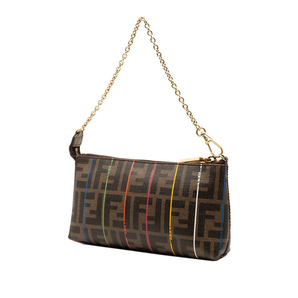 Fendi AB Fendi Brown Coated Canvas Fabric Zucca Spalmati Stripes Chain Pochette Italy