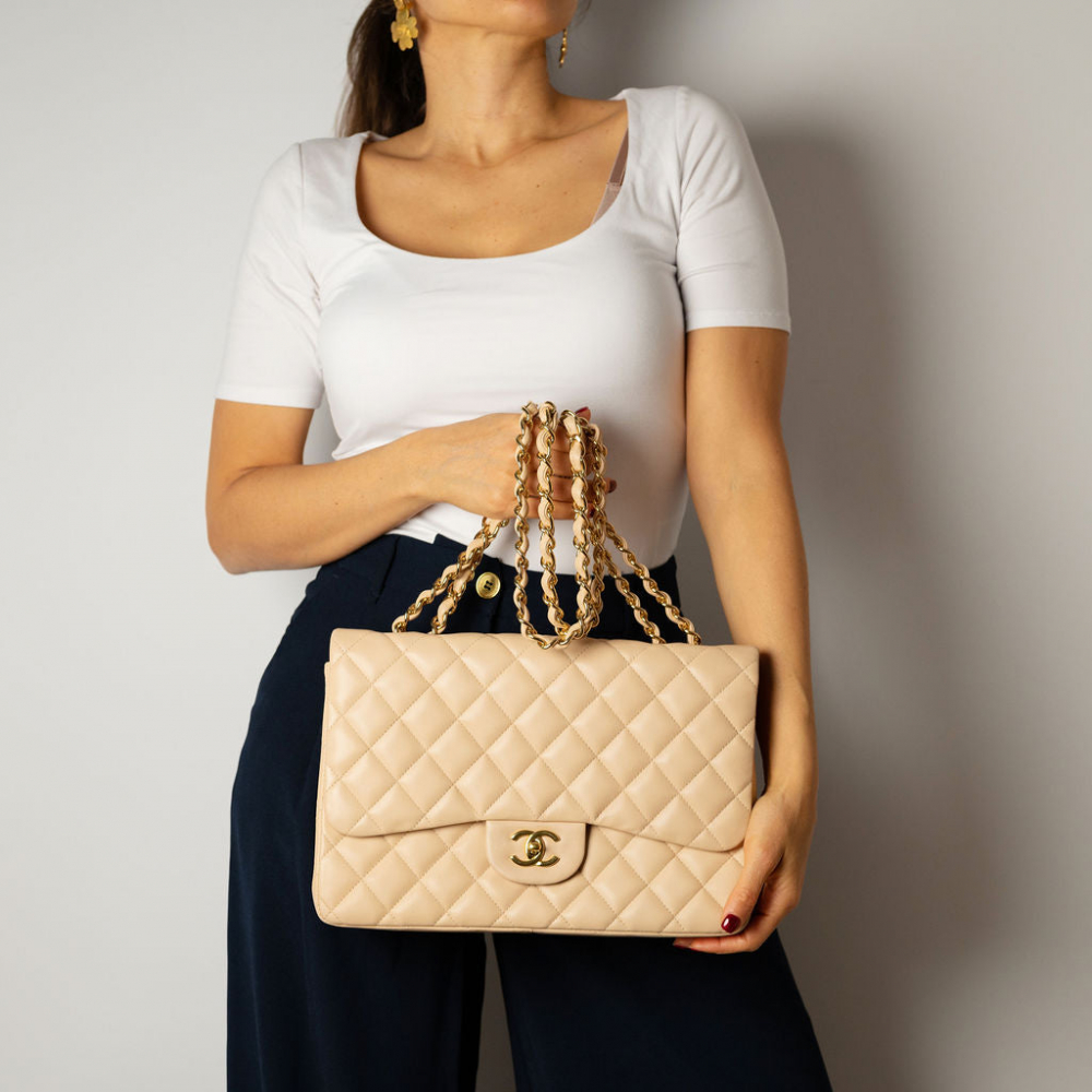 Chanel Classic Double Flap Jumbo Lambskin Leather Matelassè Handbag Beige