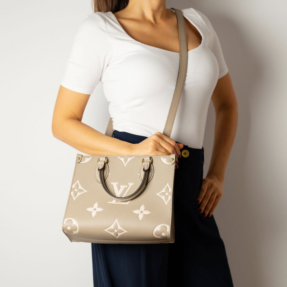 Louis Vuitton Onthego PM Calfskin Grained Leather Empreinte Tote Shoulder Bag Beige
