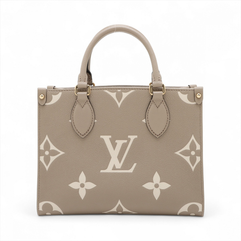 Louis Vuitton Onthego PM Calfskin Grained Leather Empreinte Tote Shoulder Bag Beige