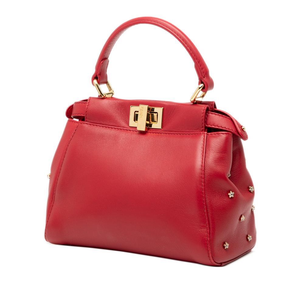 Fendi B Fendi Red Calf Leather XS Crystal Star Studded Peekaboo Iconic Satchel Italy