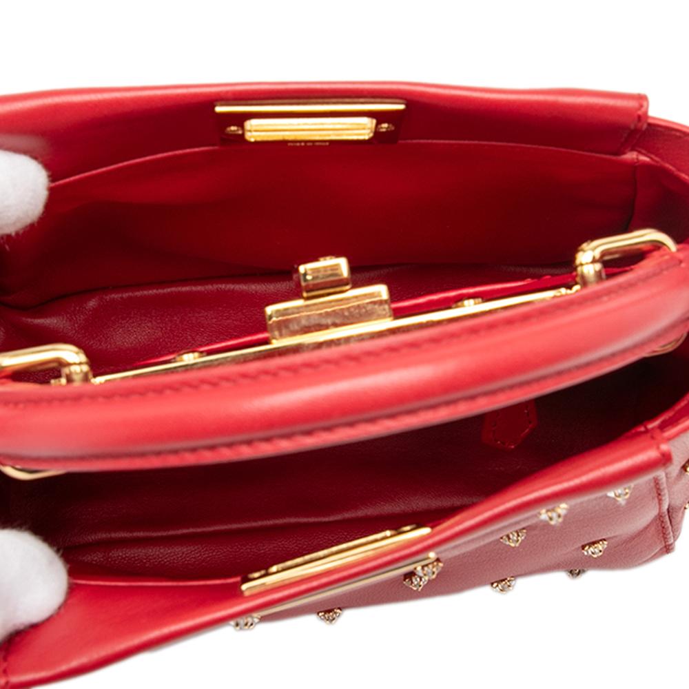 Fendi B Fendi Red Calf Leather XS Crystal Star Studded Peekaboo Iconic Satchel Italy