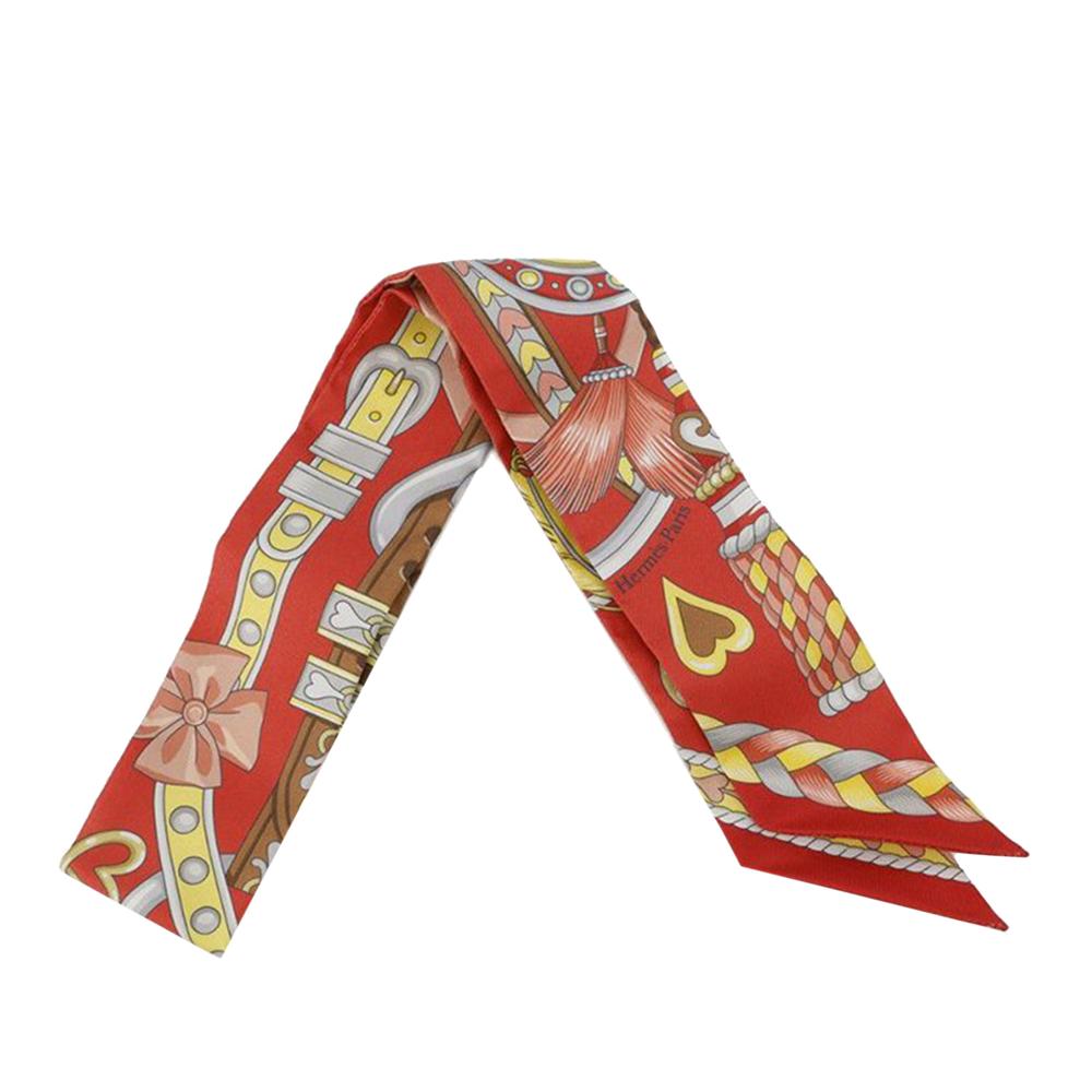 Hermès A Hermès Red with Multi Silk Fabric Harnais De Cour Twilly Scarf France