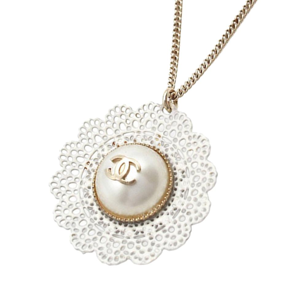 Chanel AB Chanel Gold with White Pearl Gold Plated Metal CC Faux Pearl Lace Pendant Necklace Italy