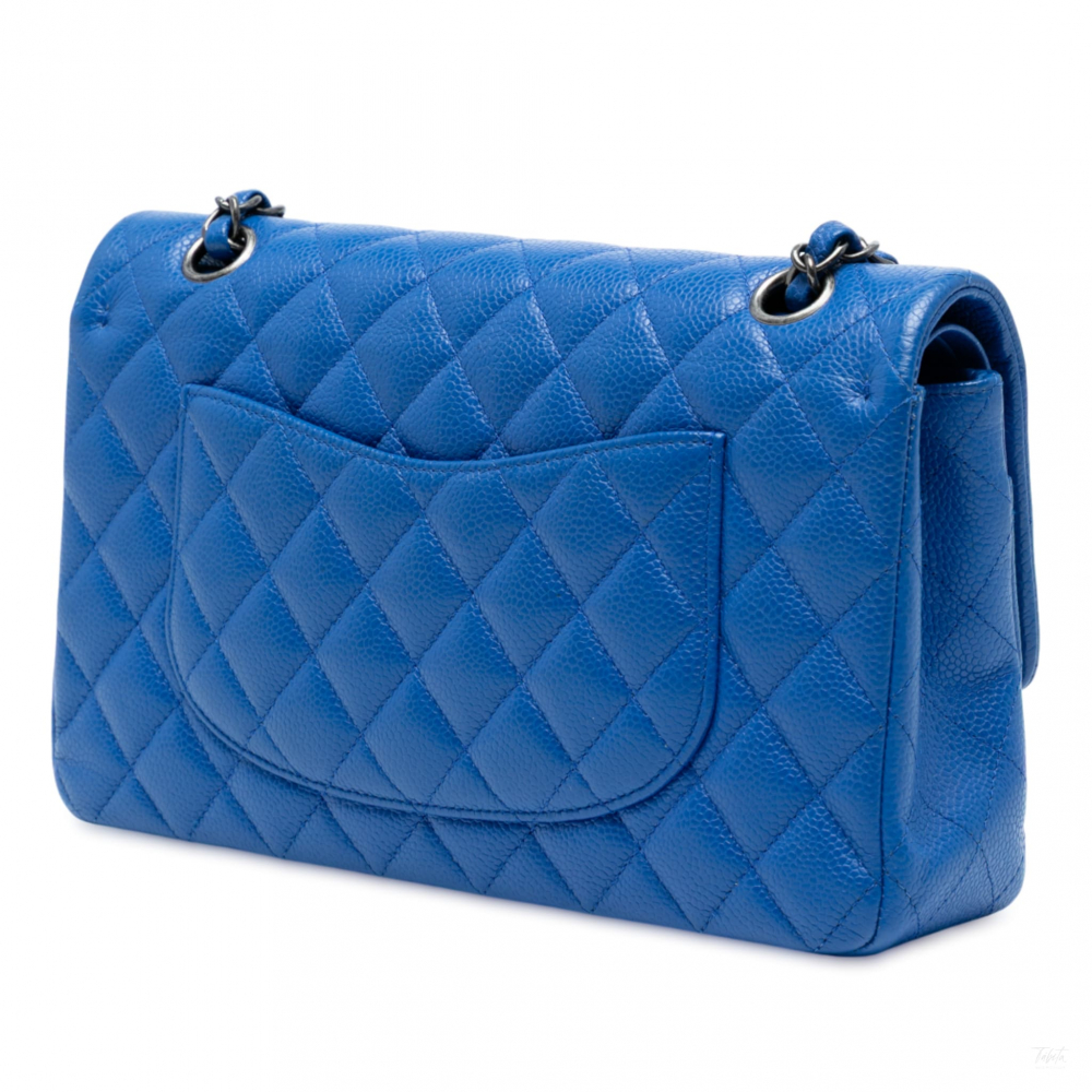 Chanel Classic Double Flap Medium Caviar Leather Matelassè Shoulder Bag Blue
