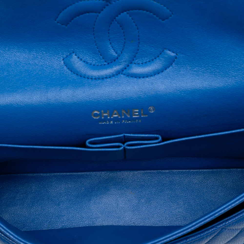 Chanel Classic Double Flap Medium Caviar Leather Matelassè Shoulder Bag Blue