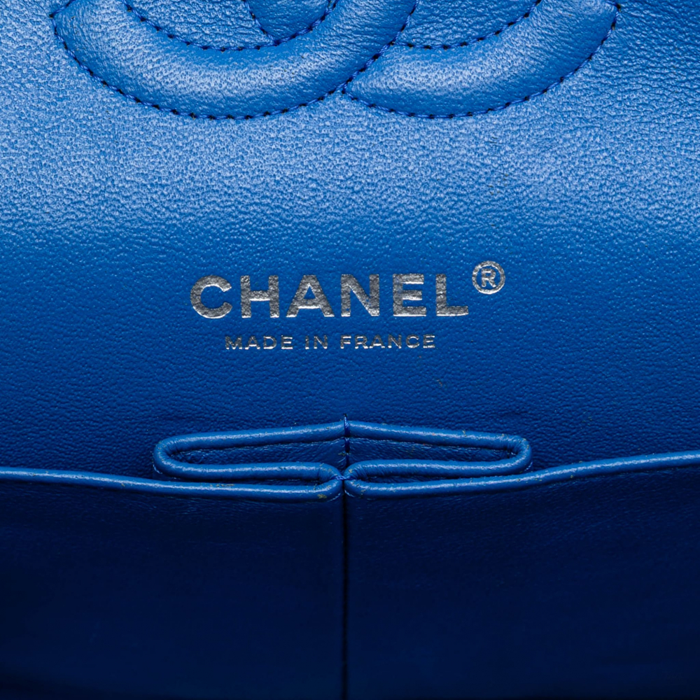 Chanel Classic Double Flap Medium Caviar Leather Matelassè Shoulder Bag Blue