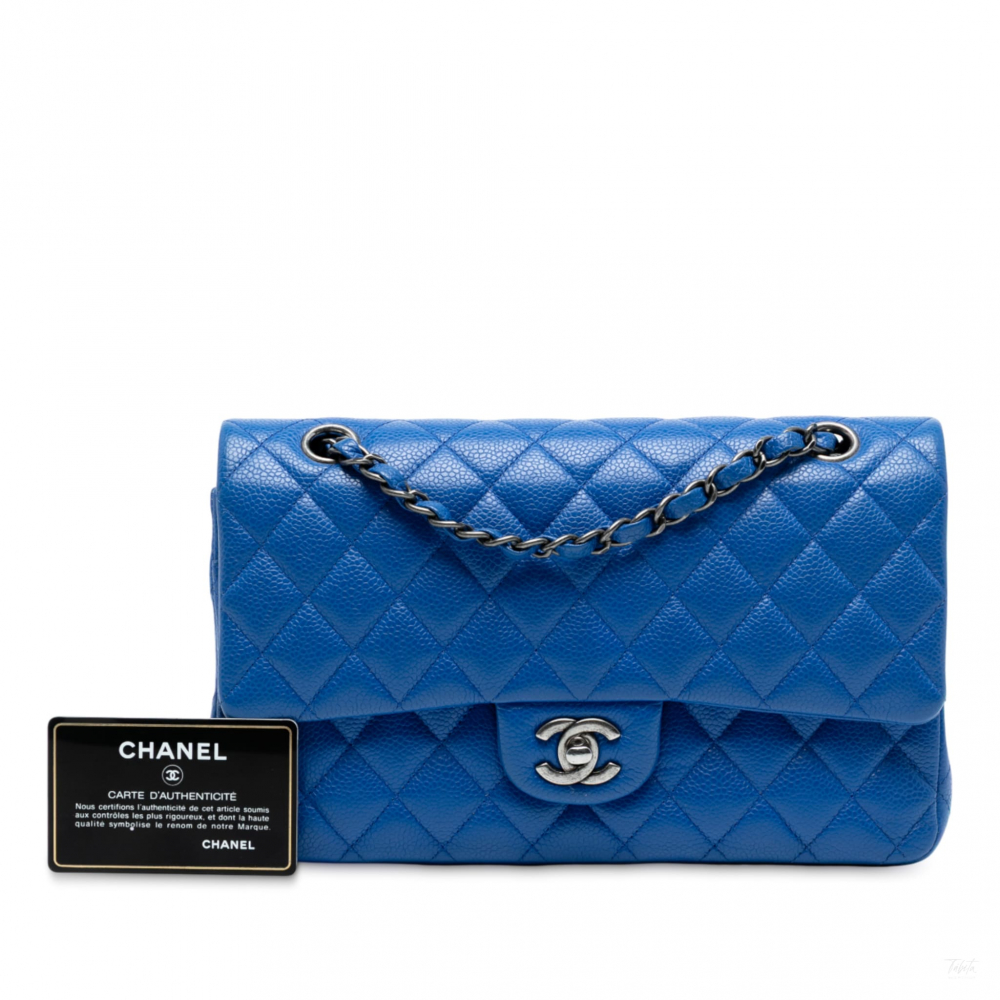 Chanel Classic Double Flap Medium Caviar Leather Matelassè Shoulder Bag Blue