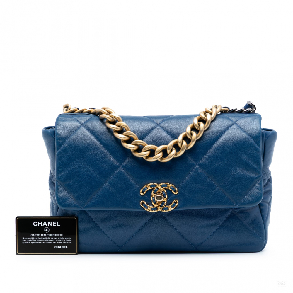 Chanel 19 Large Lambskin Leather Matelassè Flap Handbag Blue