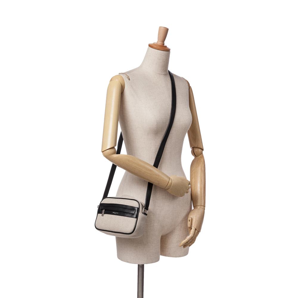 Saint Laurent AB Saint Laurent Brown Beige with Black Canvas Fabric Small Camp Camera Bag Italy