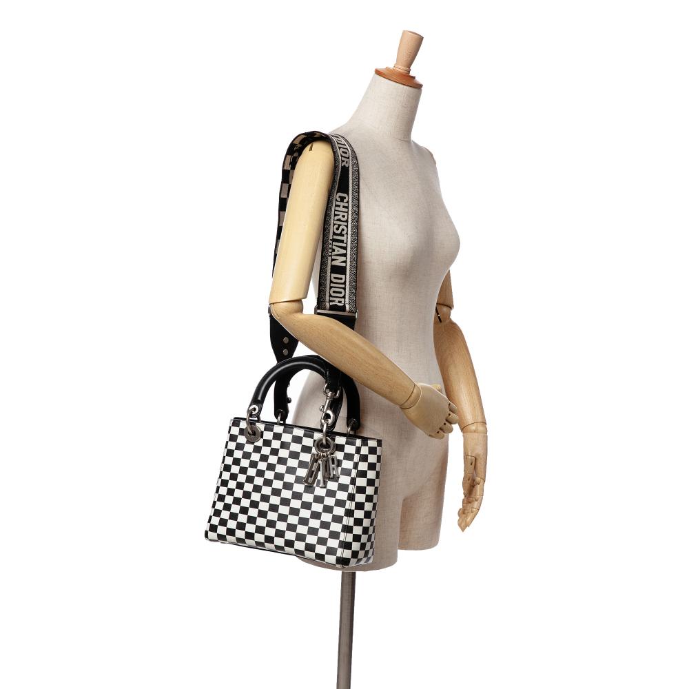 Christian Dior B Dior Black with White Calf Leather Medium skin Checkered Lady Dior Italy