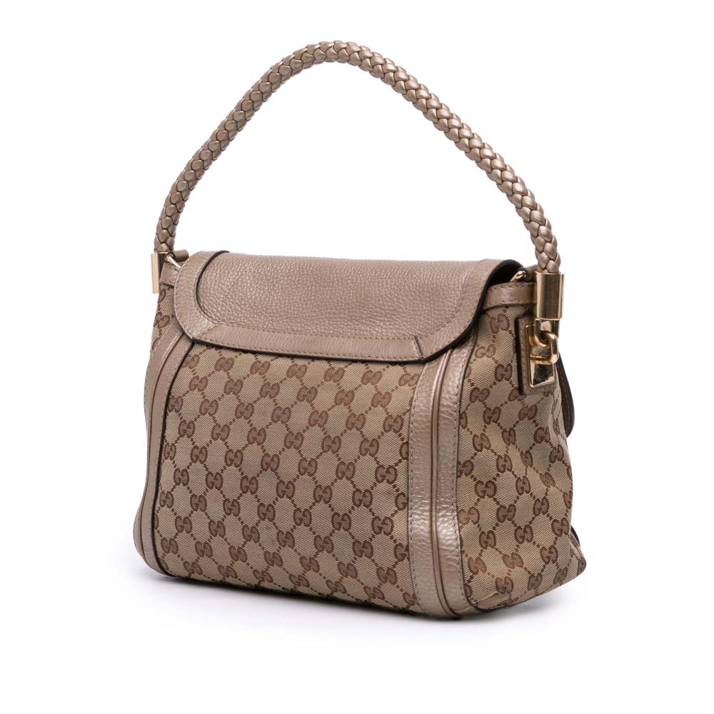Gucci B Gucci Brown Beige with Gold Canvas Fabric GG Bella Flap Satchel Italy