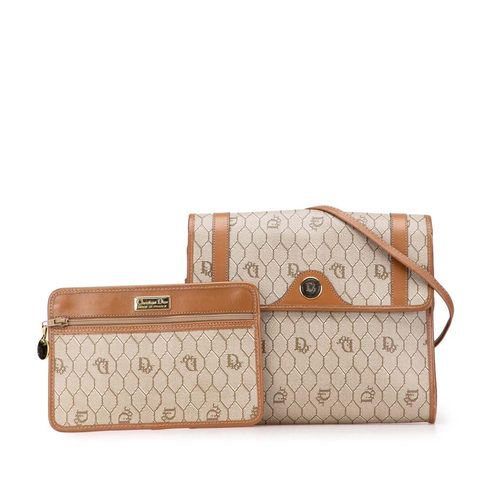 Christian Dior B Dior Brown Beige Coated Canvas Fabric Honeycomb Crossbody France