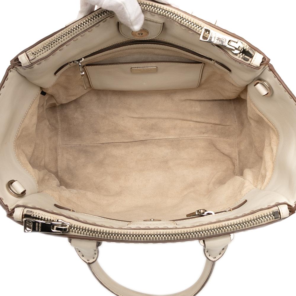 Prada B Prada Brown Light Beige Calf Leather City Stitched Twin Pocket Satchel Italy