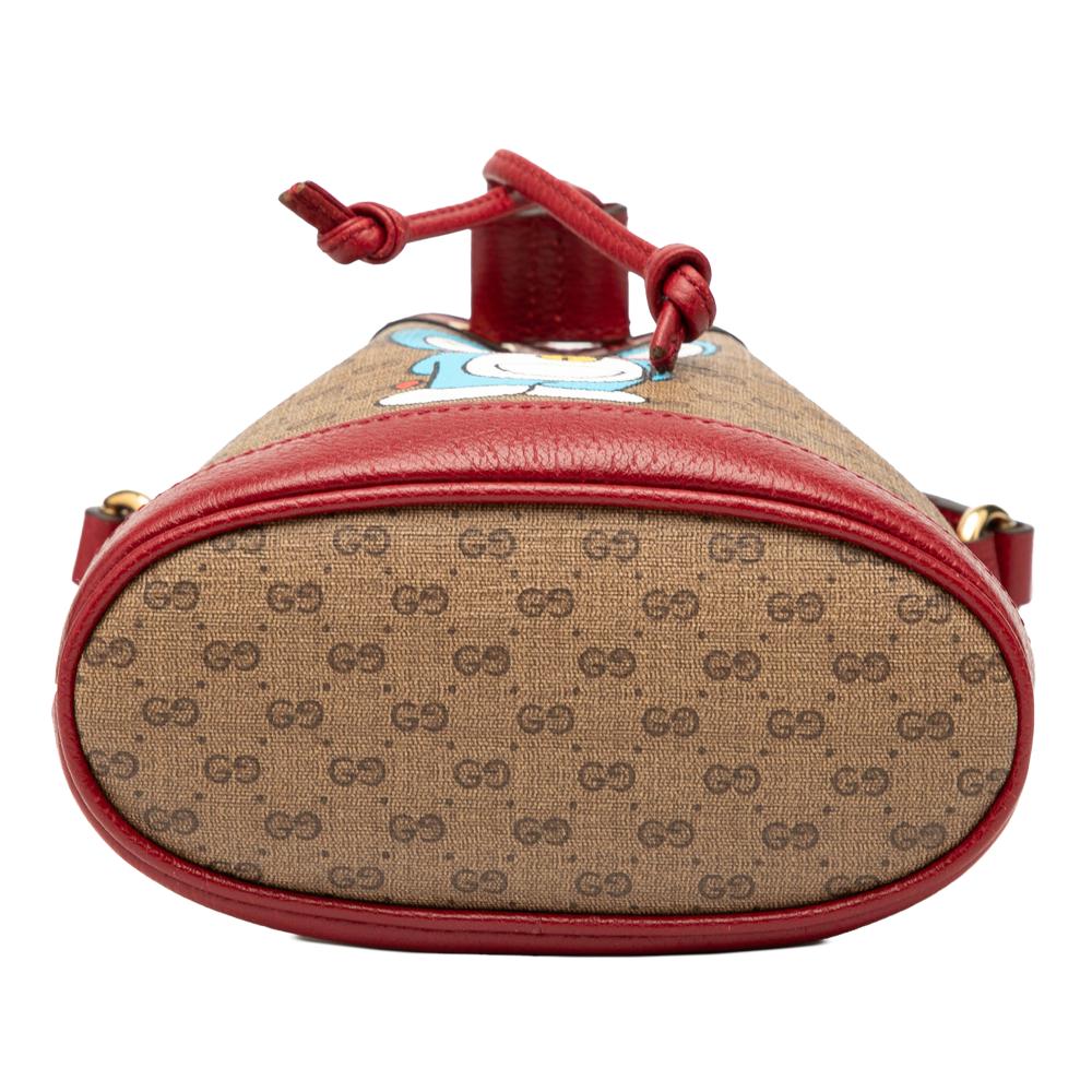 Gucci AB Gucci Brown Beige with Red Coated Canvas Fabric Micro GG Supreme Doraemon Bucket Bag Italy