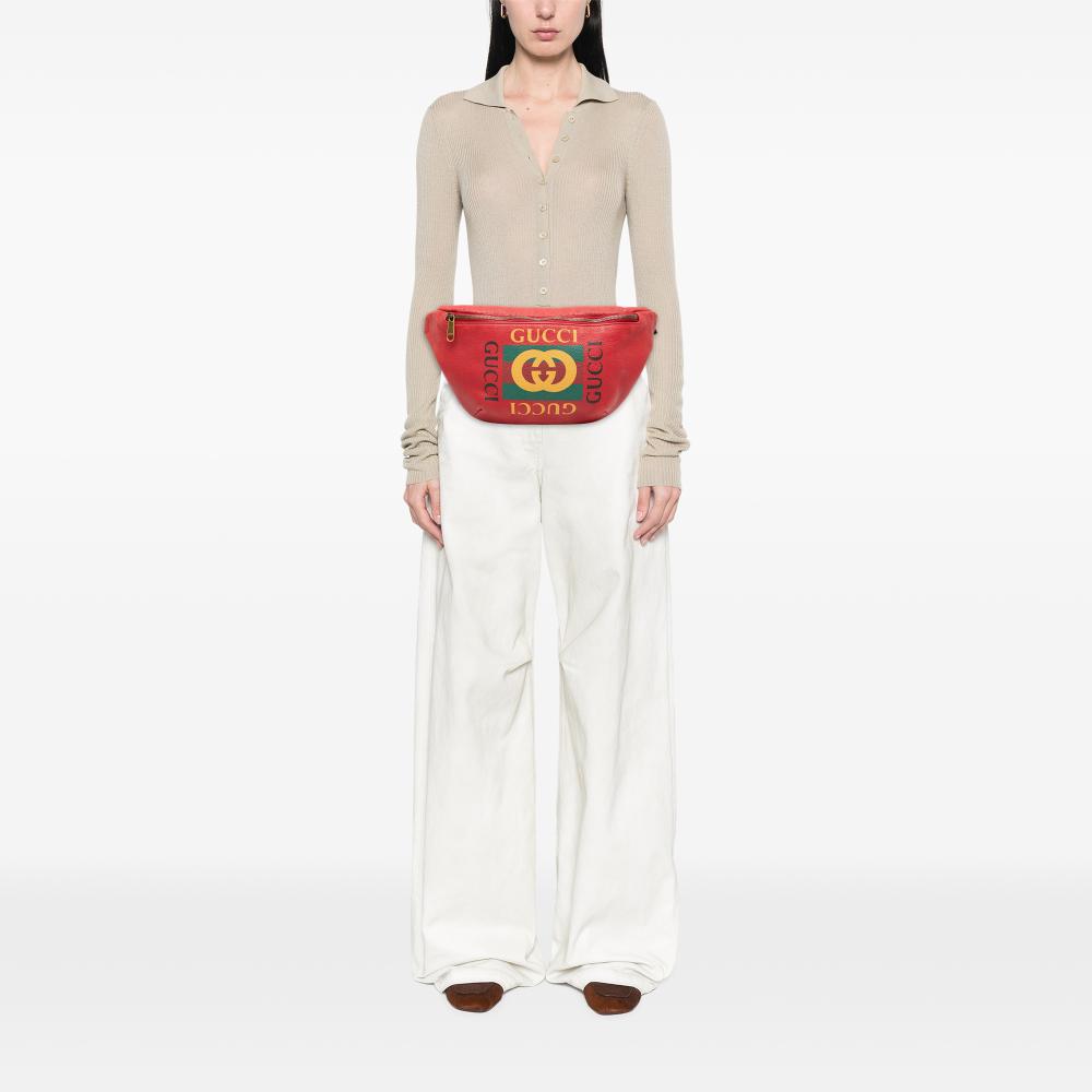 Gucci B Gucci Red Calf Leather Grained skin Logo Belt Bag Italy