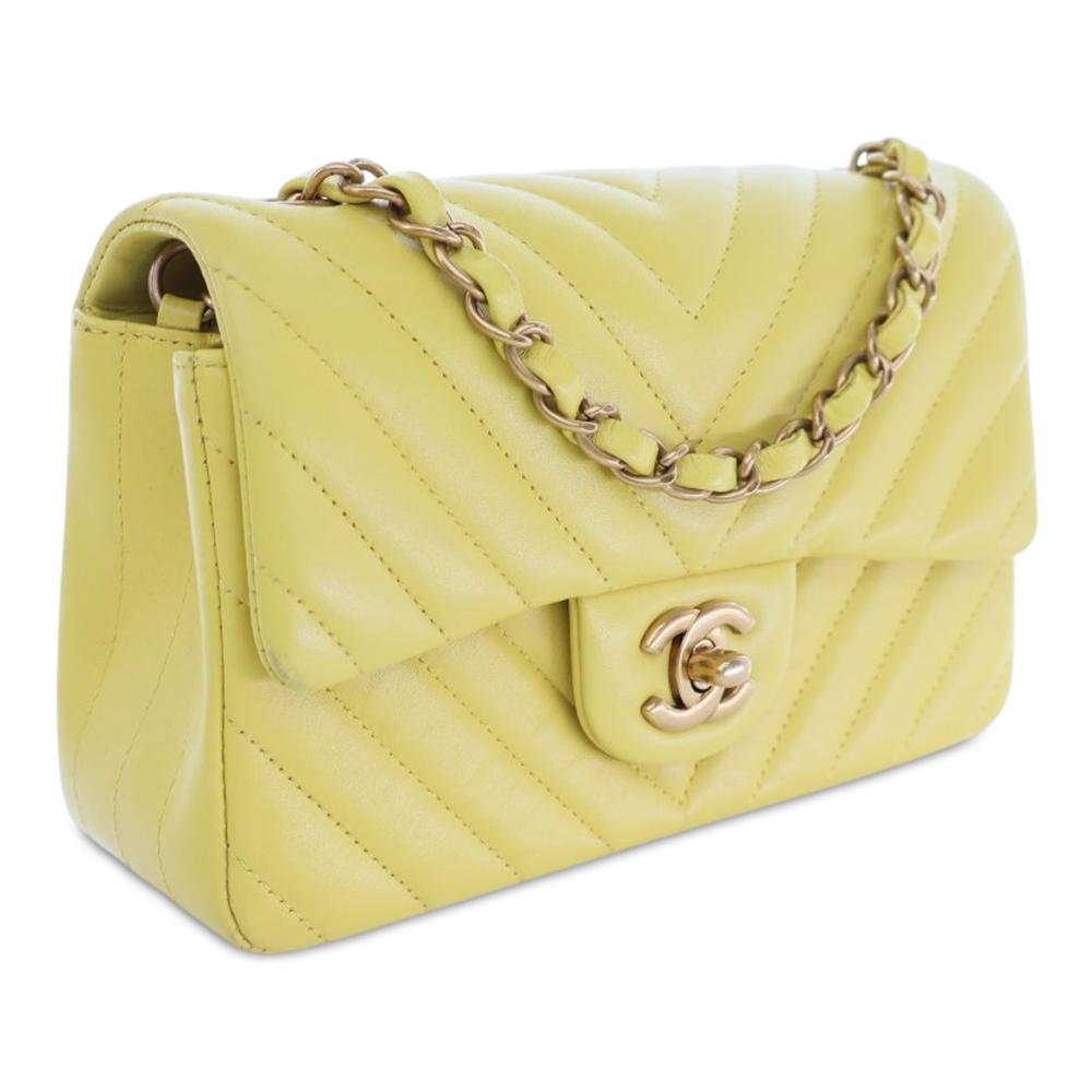Chanel Yellow Lambskin Leather Leather Mini Rectangular Classic Chevron Lambskin Single Flap France