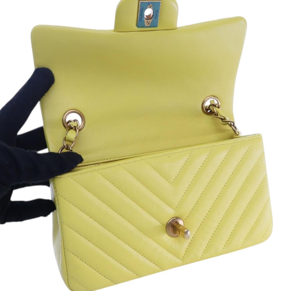 Chanel Yellow Lambskin Leather Leather Mini Rectangular Classic Chevron Lambskin Single Flap France