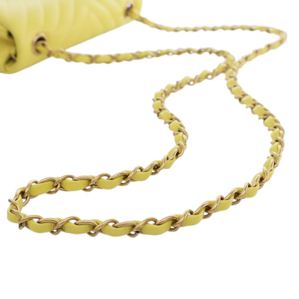 Chanel Yellow Lambskin Leather Leather Mini Rectangular Classic Chevron Lambskin Single Flap France