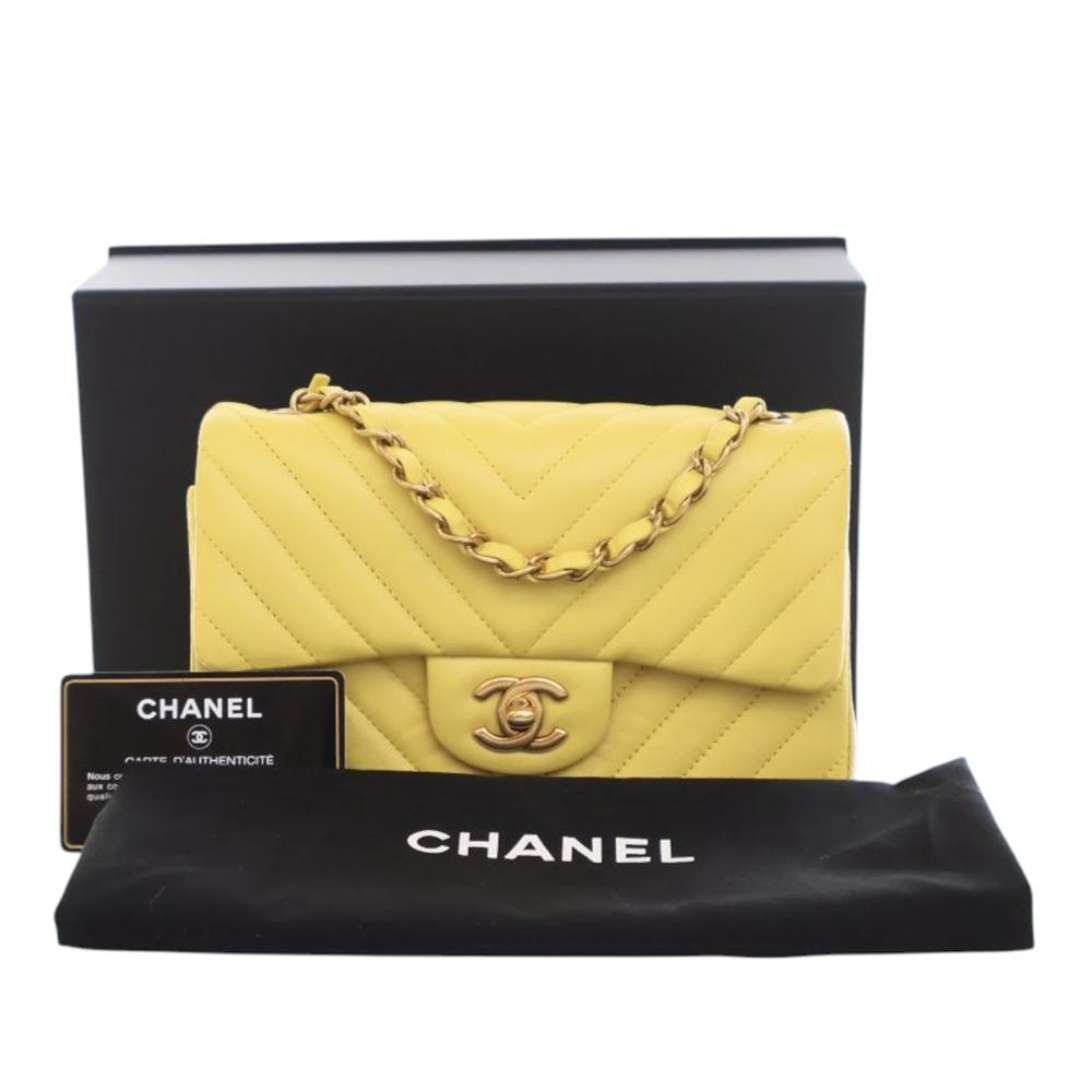 Chanel Yellow Lambskin Leather Leather Mini Rectangular Classic Chevron Lambskin Single Flap France