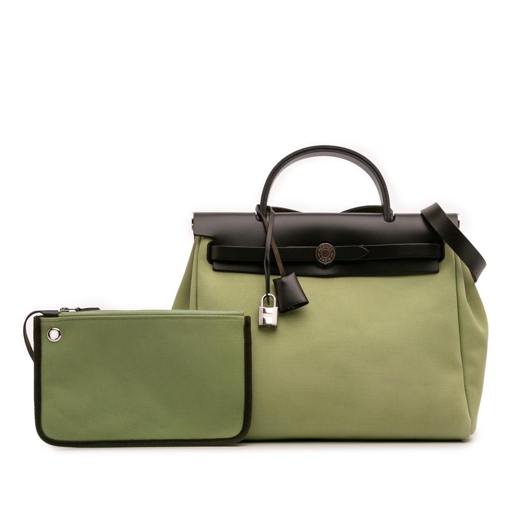 Hermès B Hermès Green Olive Green with Brown Dark Brown Canvas Fabric Toile Herbag Zip 31 France