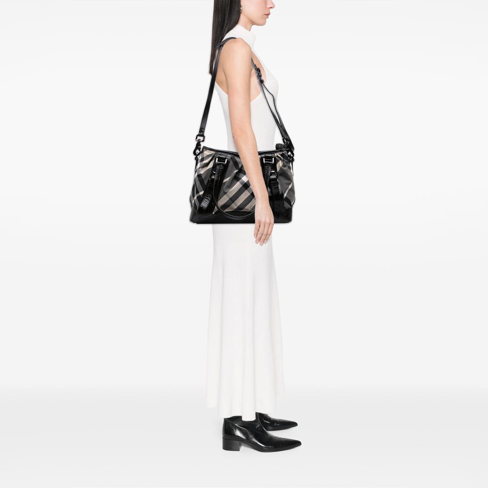 Burberry B Burberry Gray with Black Nylon Fabric Beat Check Lowry Satchel Italy