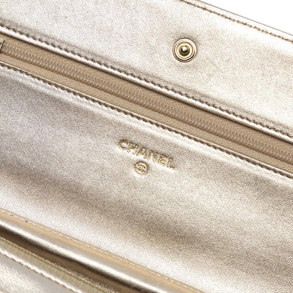 Chanel B Chanel Gold Light Gold Lambskin Leather Leather CC Quilted Metallic Lambskin Wallet on Chain Italy