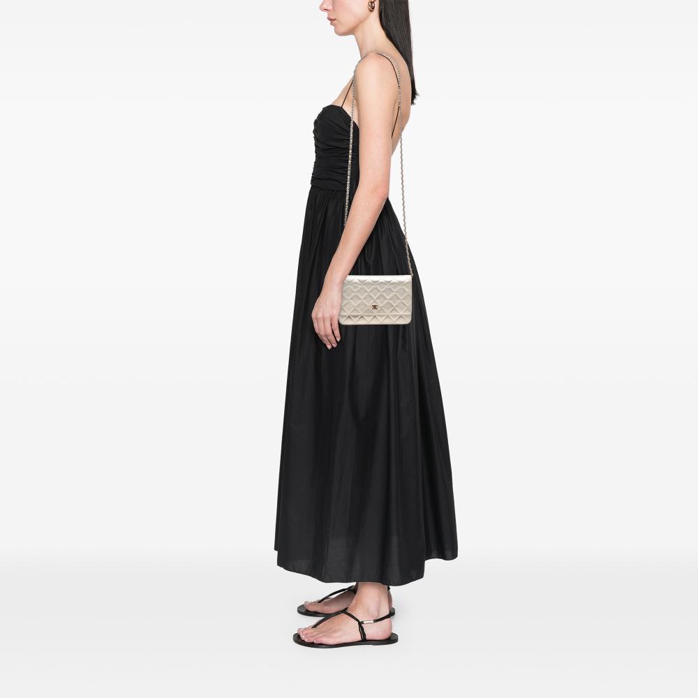 Chanel B Chanel Gold Light Gold Lambskin Leather Leather CC Quilted Metallic Lambskin Wallet on Chain Italy