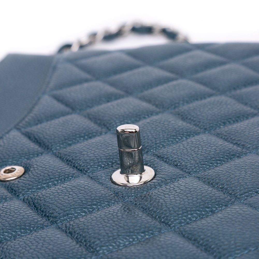 Chanel Classic Double Flap Jumbo Matelassè Caviar Leather Handbag Blue