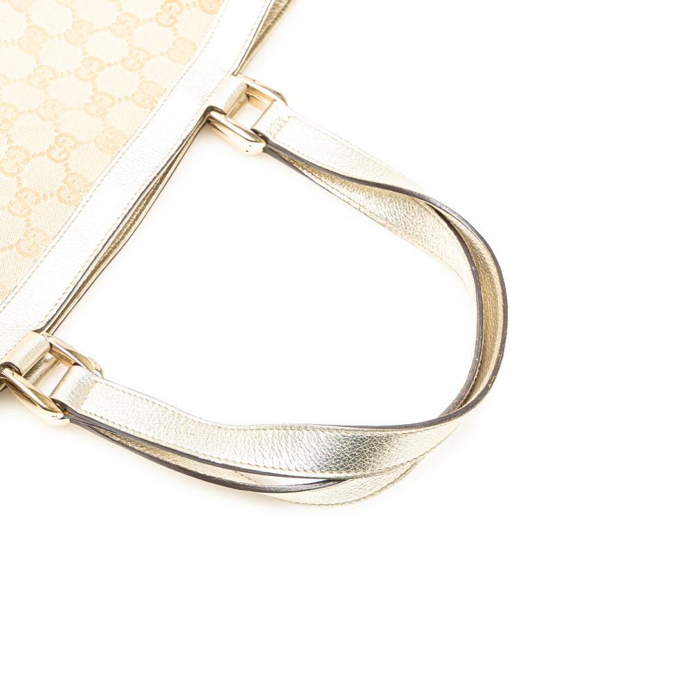 Gucci AB Gucci Brown Beige with Silver Canvas Fabric GG Abbey D Ring Tote Italy