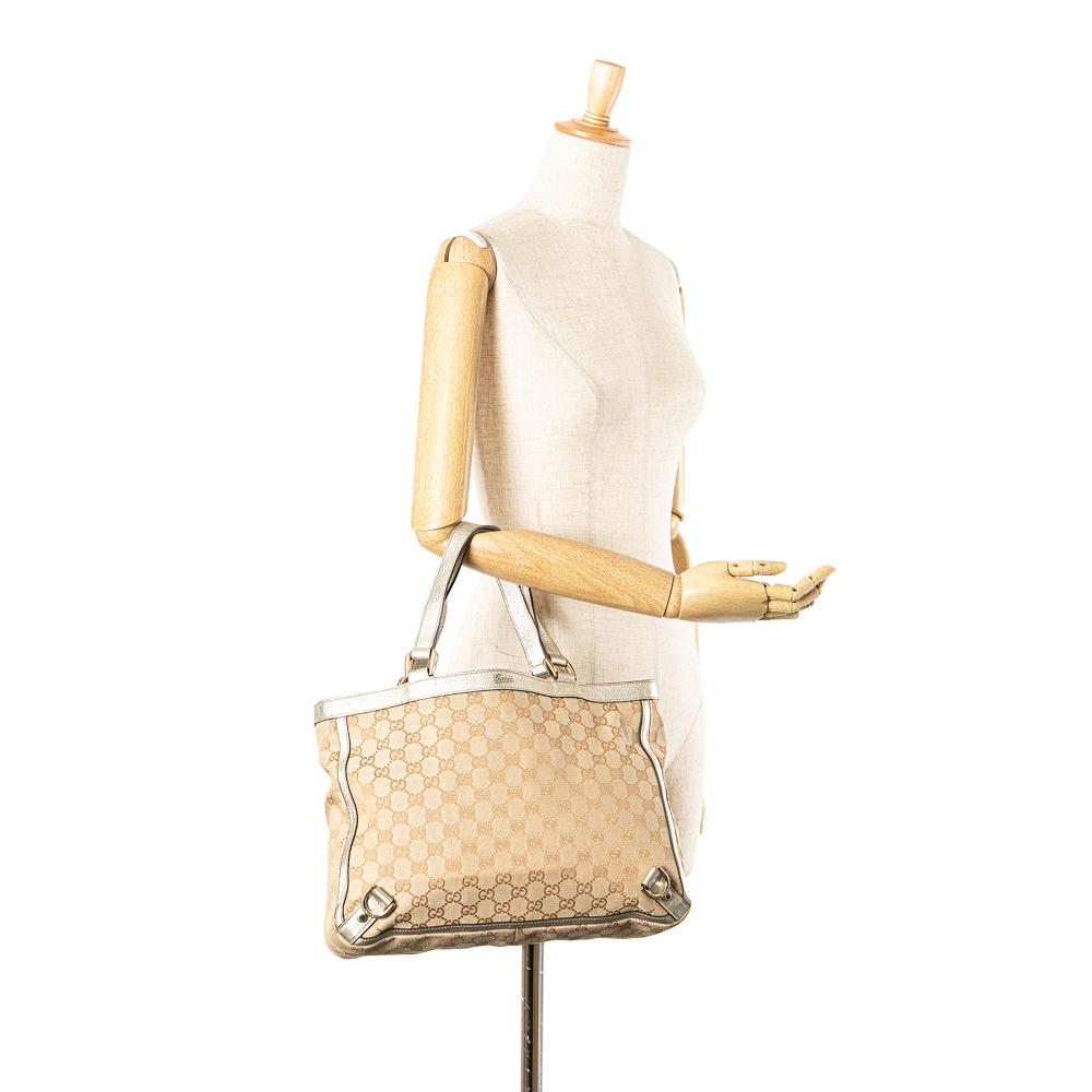 Gucci AB Gucci Brown Beige with Silver Canvas Fabric GG Abbey D Ring Tote Italy