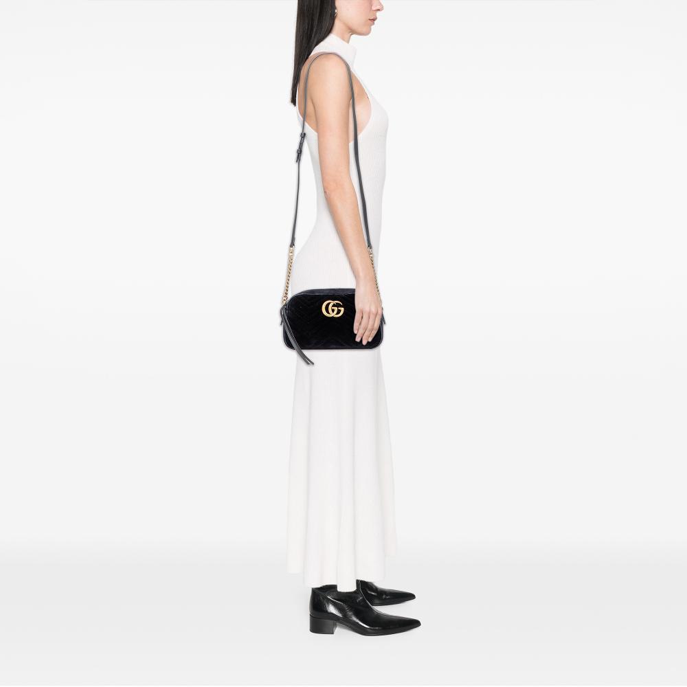 Gucci B Gucci Black Velvet Fabric Small GG Marmont Matelasse Crossbody Italy