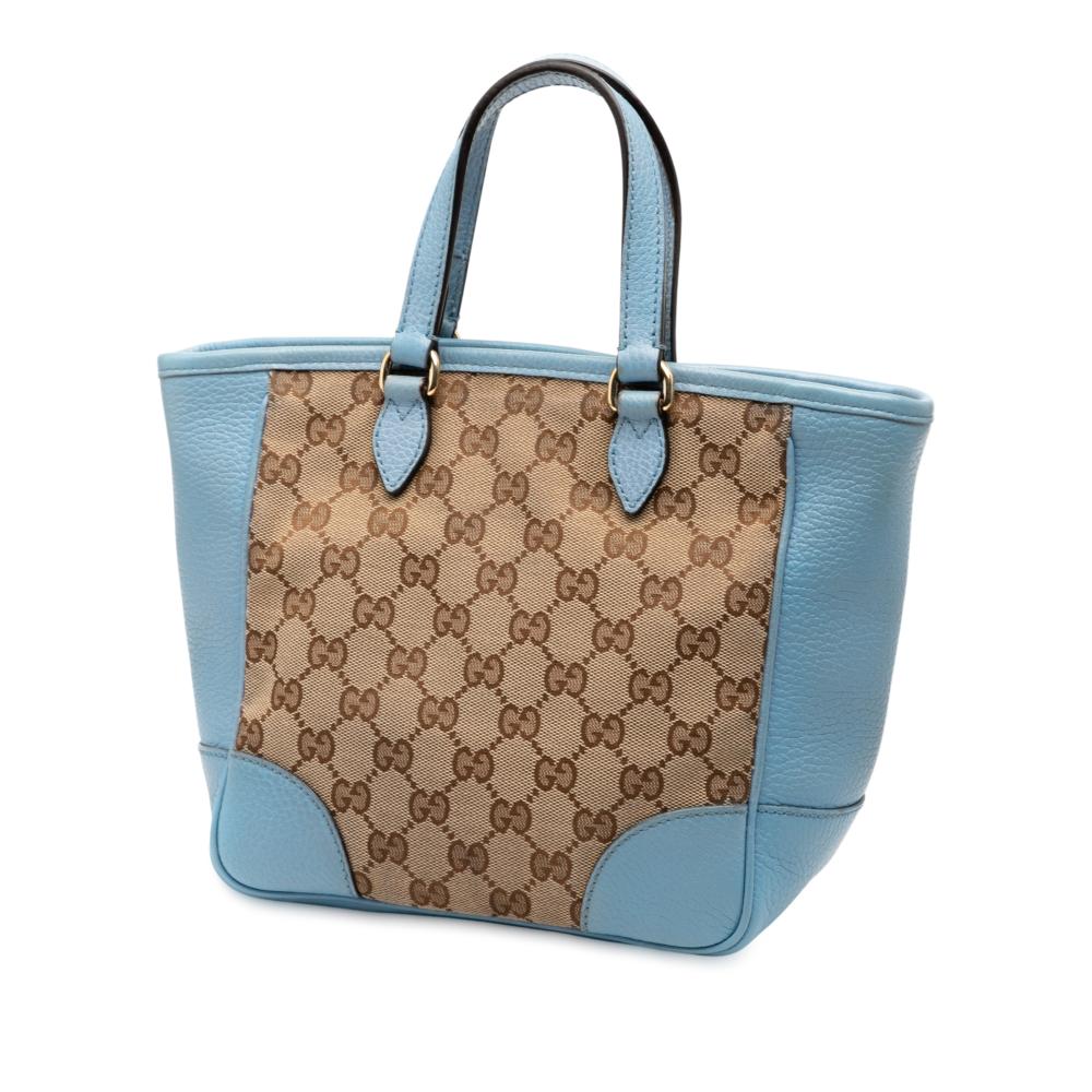 Gucci B Gucci Brown Beige with Blue Light Blue Canvas Fabric Small GG Bree Satchel Italy