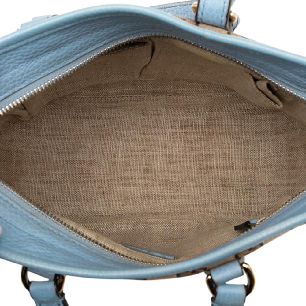 Gucci B Gucci Brown Beige with Blue Light Blue Canvas Fabric Small GG Bree Satchel Italy