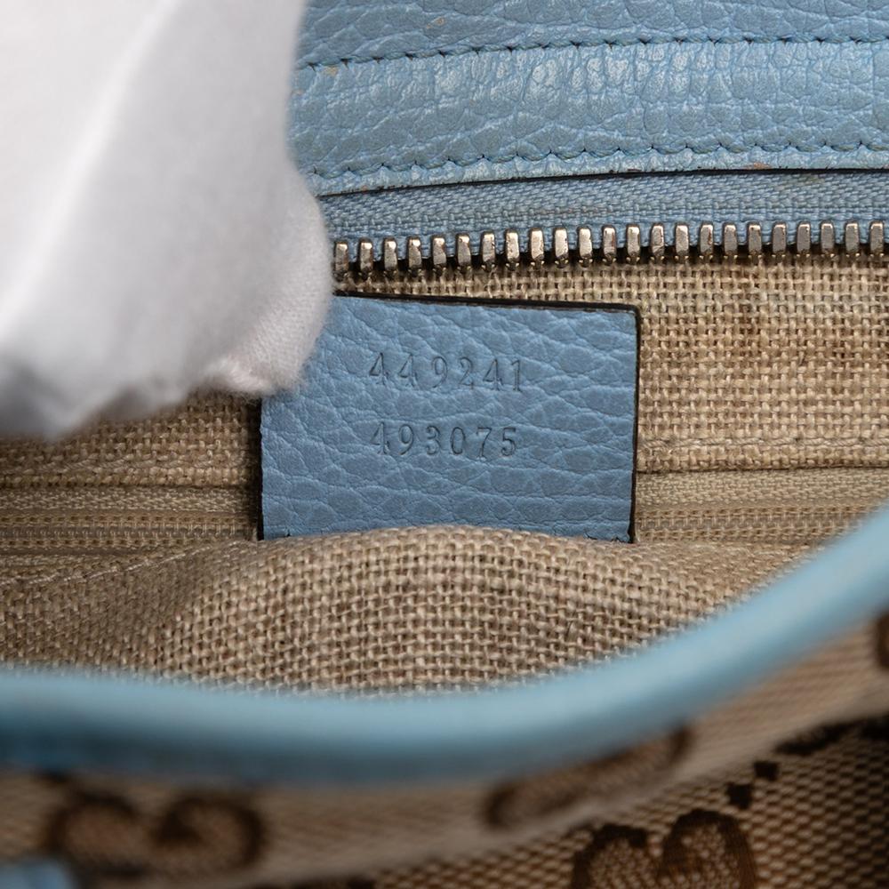 Gucci B Gucci Brown Beige with Blue Light Blue Canvas Fabric Small GG Bree Satchel Italy