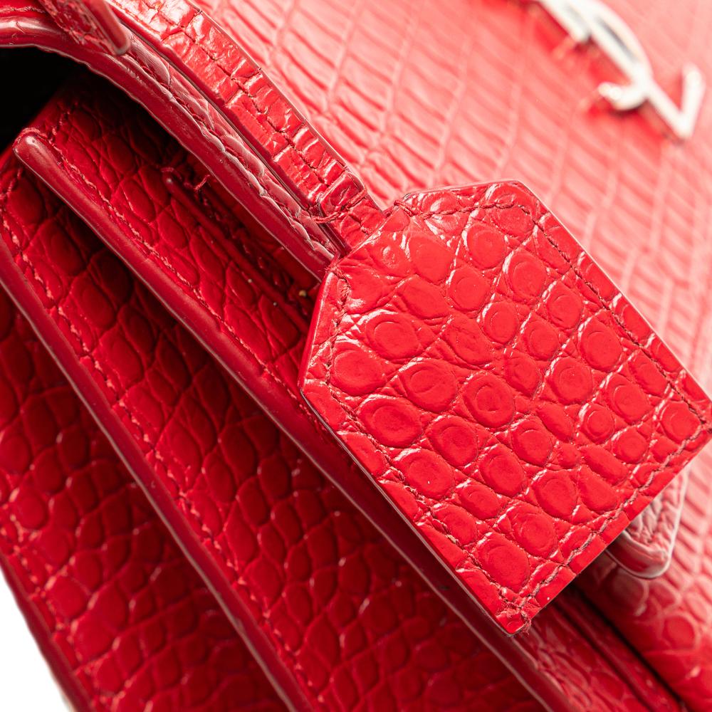 Saint Laurent B Saint Laurent Red Calf Leather Medium Croc Embossed Sunset Crossbody Italy