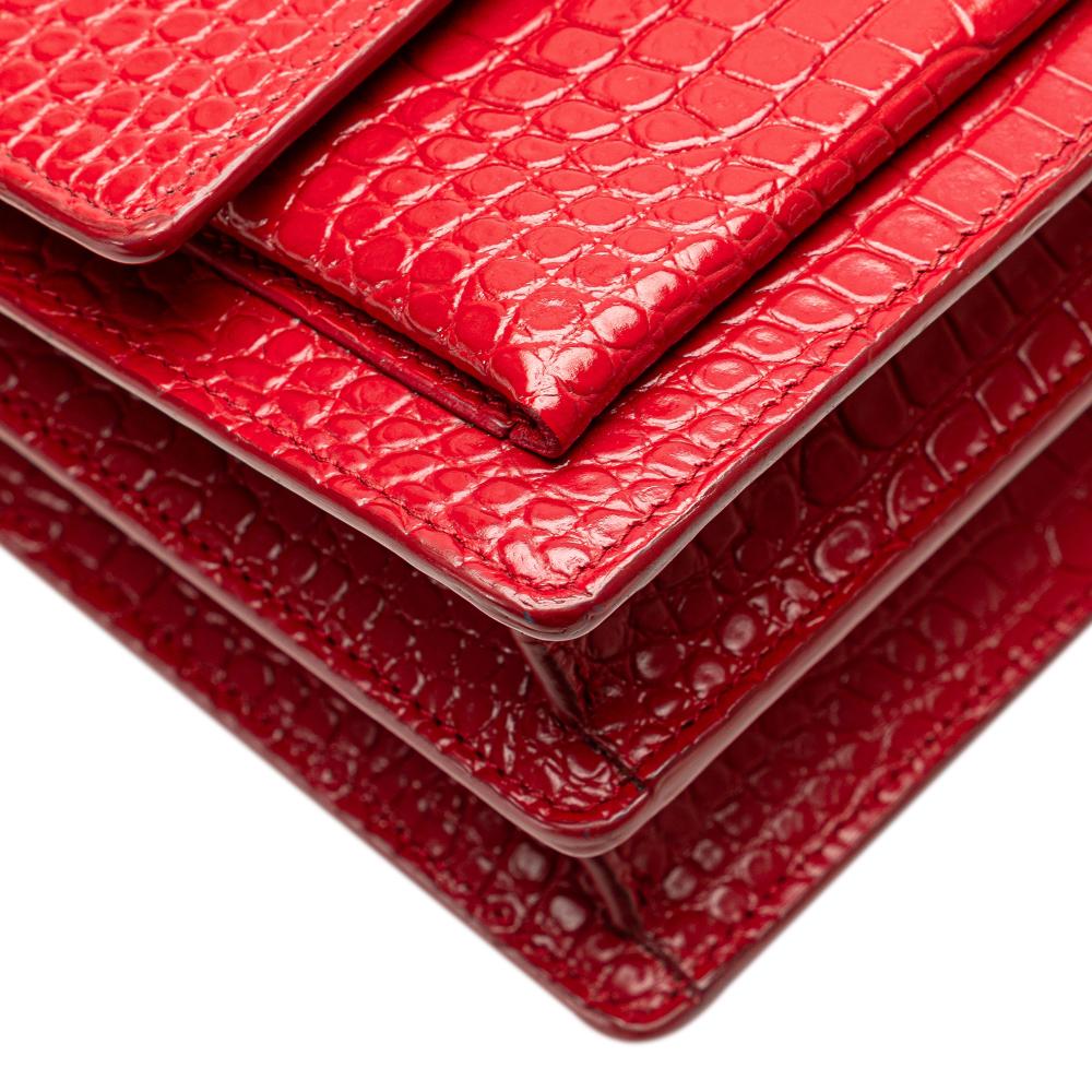 Saint Laurent B Saint Laurent Red Calf Leather Medium Croc Embossed Sunset Crossbody Italy