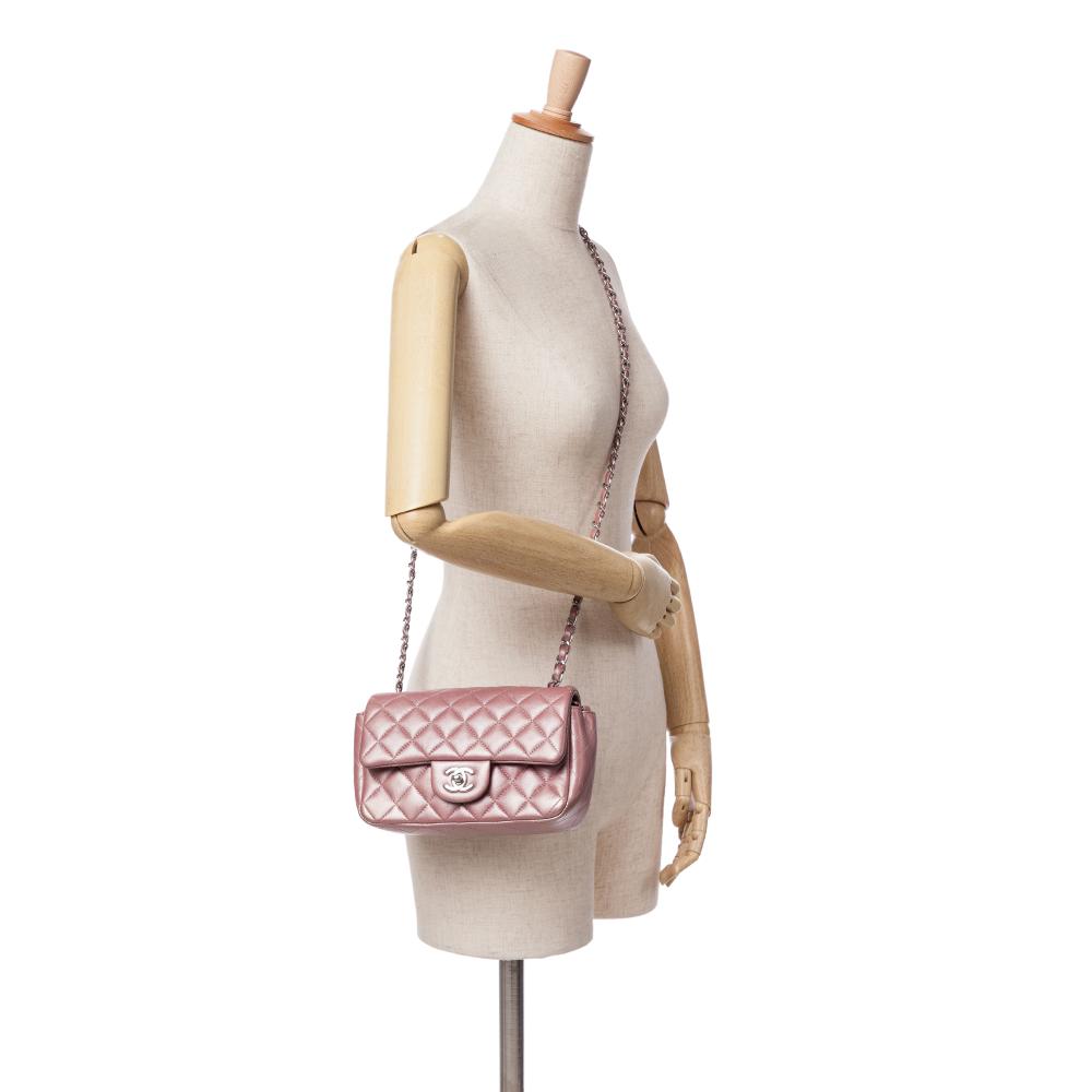 Chanel Pink Lambskin Leather Leather Mini Rectangular Classic Iridescent Lambskin Single Flap Italy