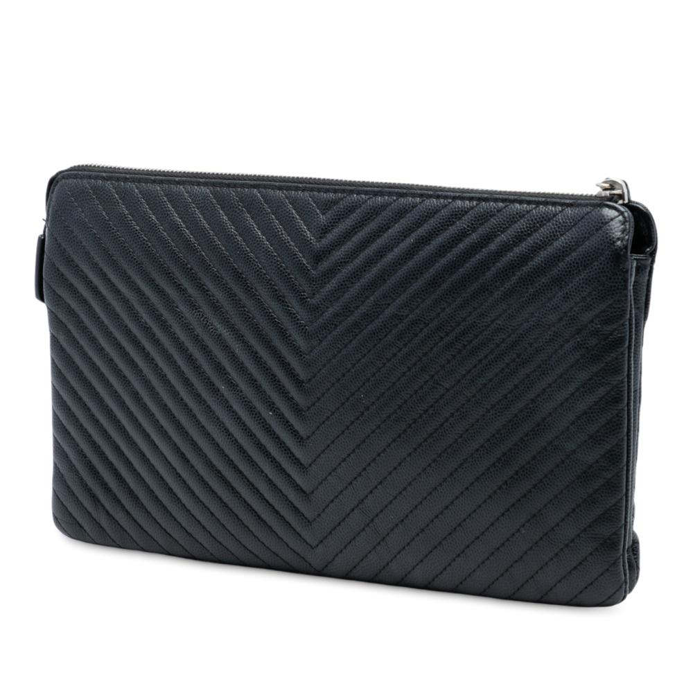 Chanel B Chanel Black Caviar Leather Leather CC Chevron Caviar Zip Clutch Italy