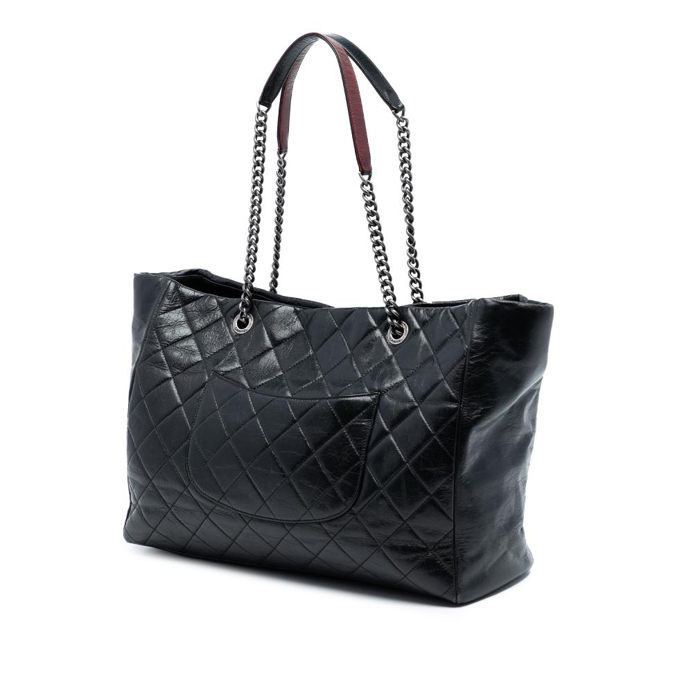 Chanel B Chanel Black Calf Leather Large Quilted Glazed skin Duo Color Tote Italy