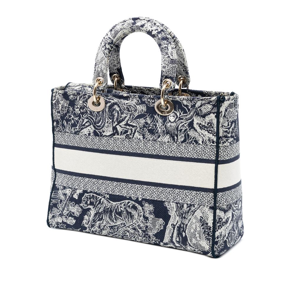 Christian Dior B Dior Blue Navy Canvas Fabric Large Embroidered Toile de Jouy Lady D Lite Italy