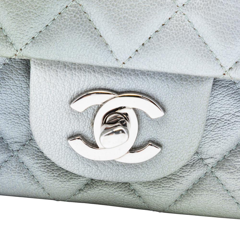 Chanel Silver Mini Rectangular Classic Iridescent Lambskin Ombre Single Flap France