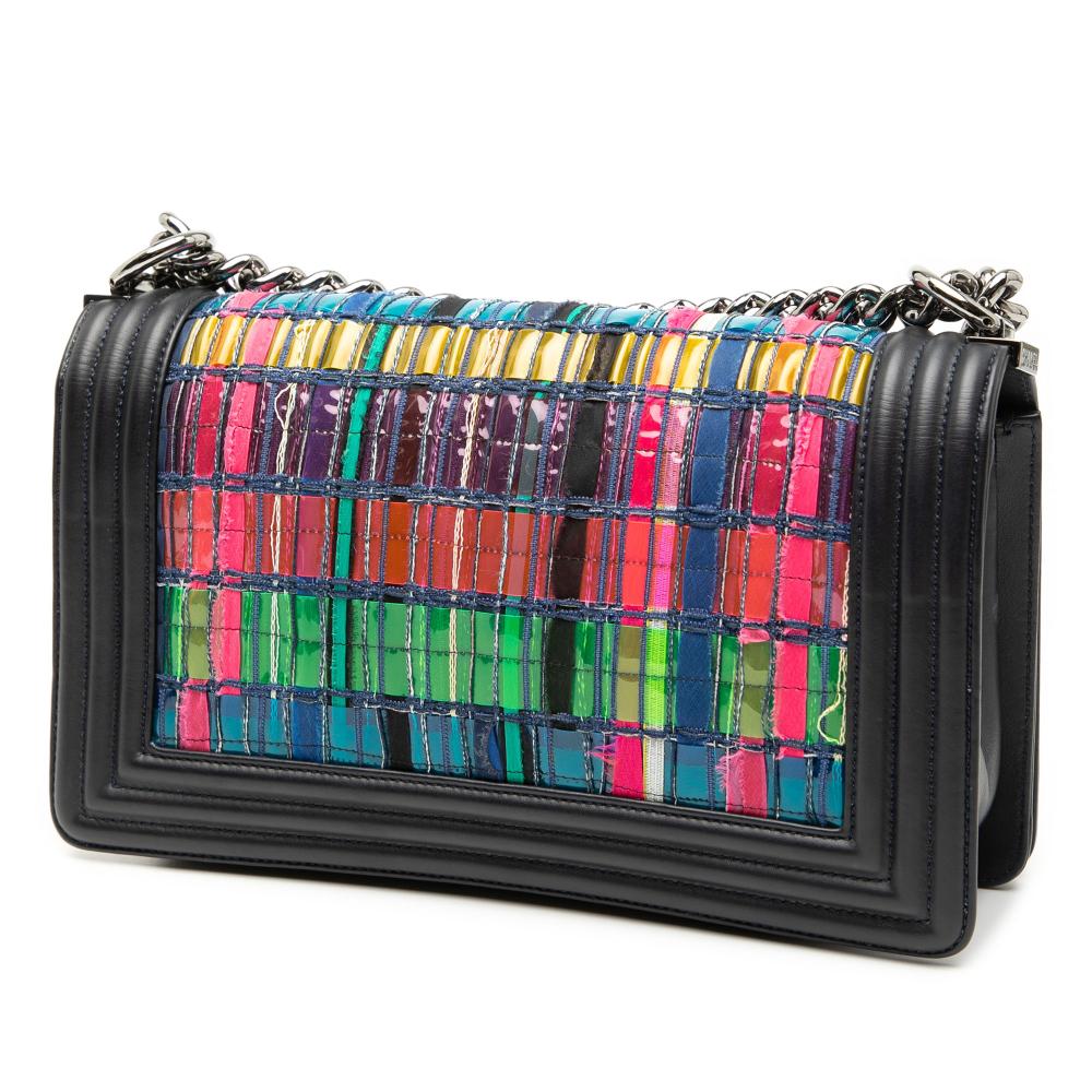 Chanel AB Chanel Black Lambskin Leather Leather Old Medium Lambskin and Woven PVC Boy Flap France