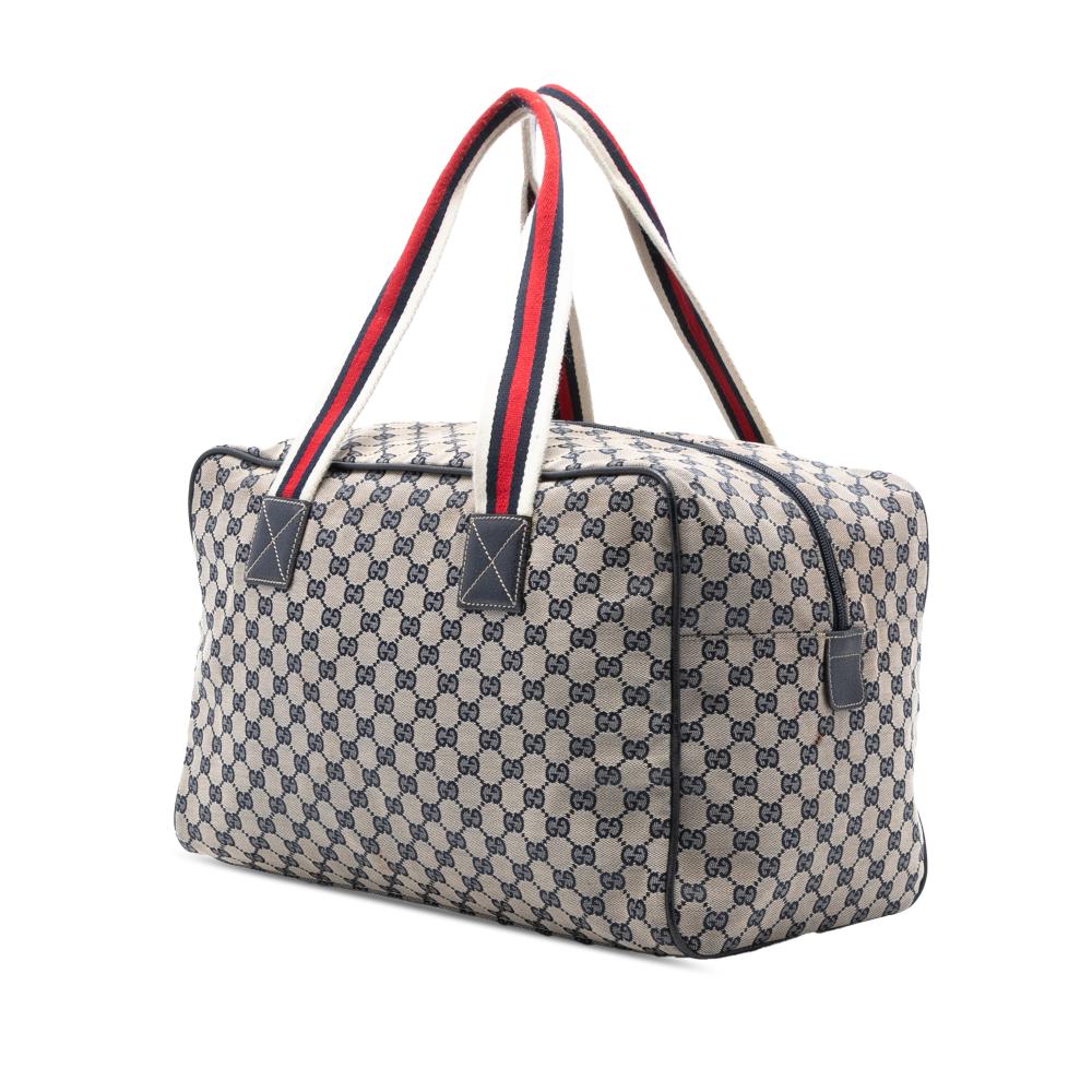 Gucci B Gucci Gray Canvas Fabric GG Web Travel Bag Italy