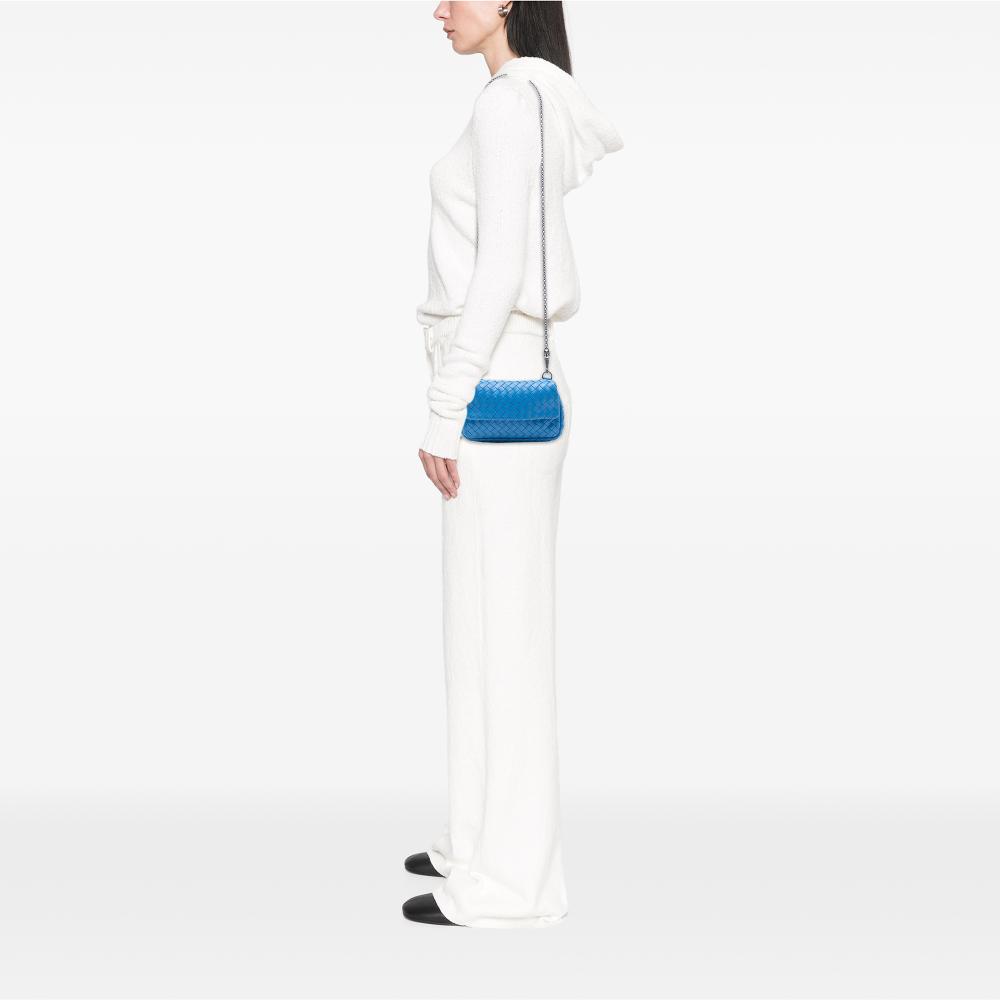 Bottega Veneta Blue Mini Nappa Intrecciato Expandable Chain Flap Crossbody Italy