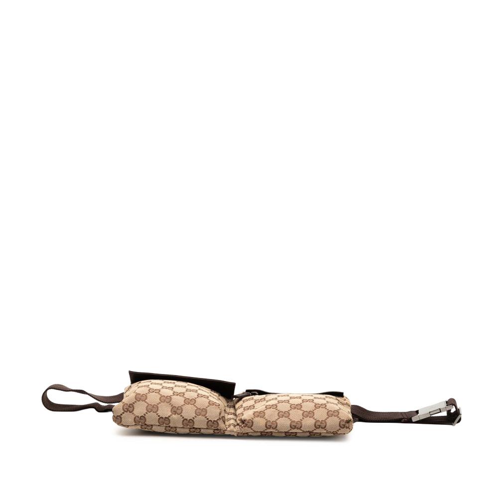 Gucci AB Gucci Brown Beige Canvas Fabric GG Double Pocket Belt Bag Italy