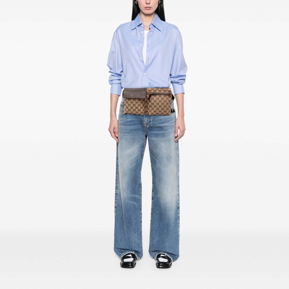 Gucci AB Gucci Brown Beige Canvas Fabric GG Double Pocket Belt Bag Italy