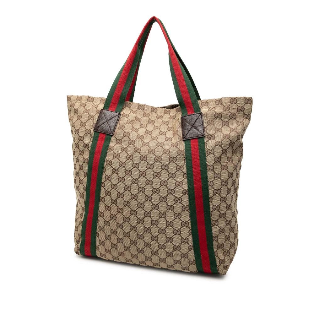 Gucci B Gucci Brown Beige Canvas Fabric GG Web Tote Italy