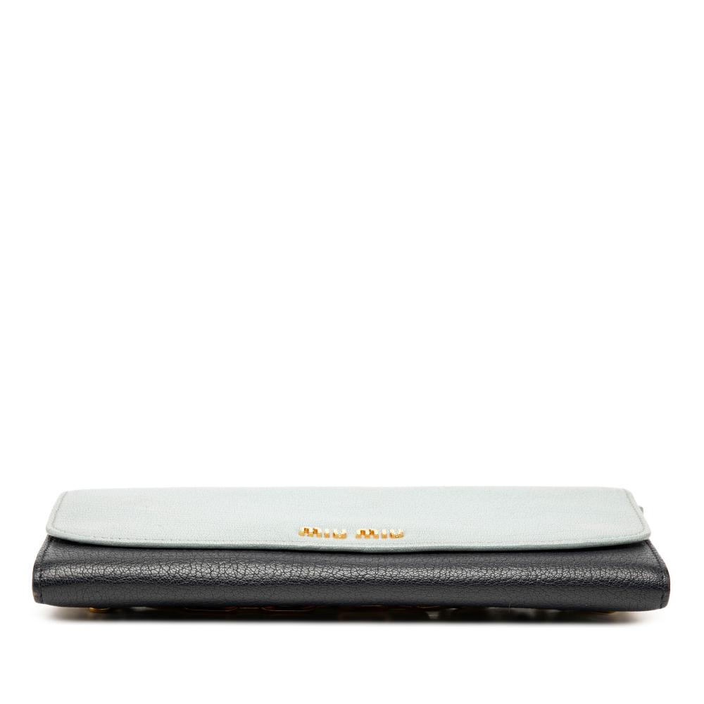 Miu Miu B Miu Miu Blue Light Blue with Black Goatskin Leather Bicolor Madras Wallet on Chain Turkey