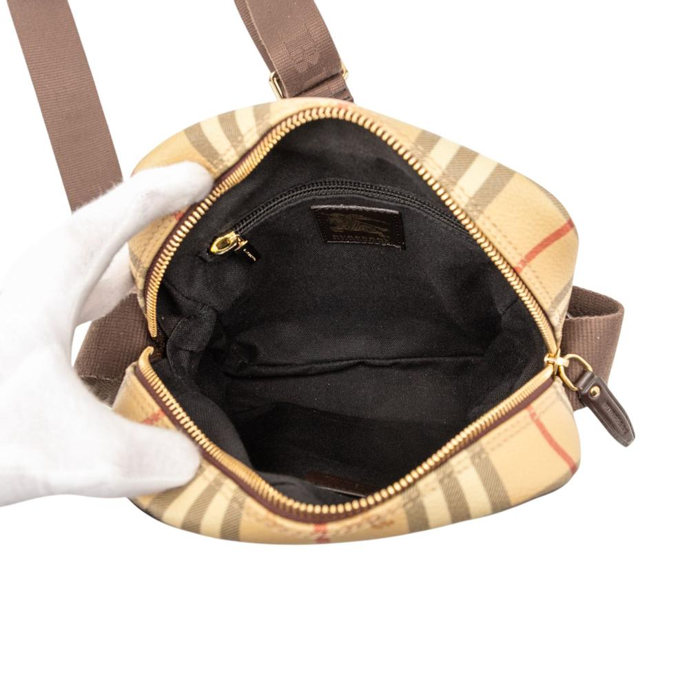 Burberry B Burberry Brown Beige Coated Canvas Fabric Haymarket Check Crossbody Italy